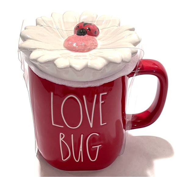 Rae Dunn Other - Rae Dunn LOVE BUG Ceramic Mug with Flower/Ladybug Topper Red/White